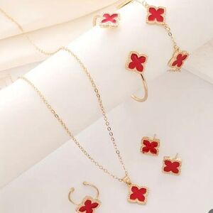 Red Clover Motifs Set of Bracelet Earrings Ring & Necklace